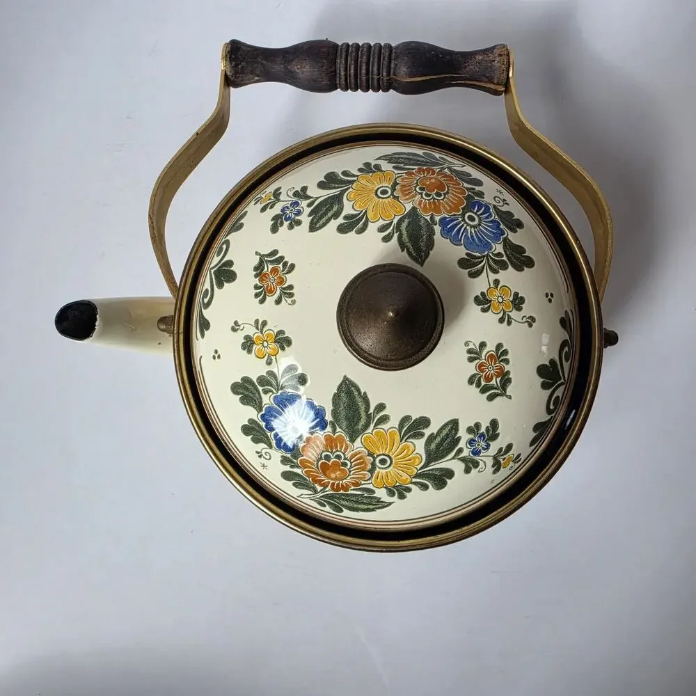 Vintage ASTA Germany Enamel Tea Kettle With Warmer Stand Floral Mid Century